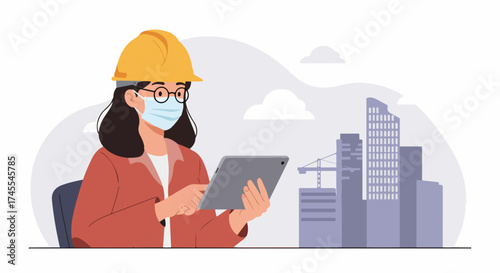 Female engineer in hard hat and mask using a digital tablet for urban construction project management, with city buildings and crane in background.