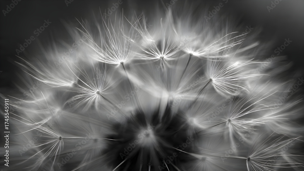 Naklejka premium Black and white Dandelion in the sun. Black and white abstract dandelion flower background, extreme closeup with soft focus.