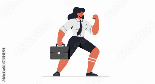 Confident businesswoman flexing bicep and holding a briefcase, symbolizing strength, ambition, and professional empowerment in a modern, dynamic style.