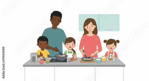 Happy Diverse Family Cooking Together in the Kitchen: Parents and Children Bond While Preparing a Meal, Learning and Enjoying Quality Time