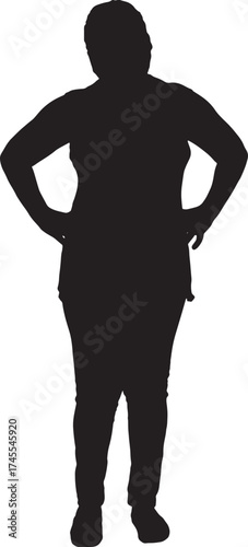 vector,silhouette o front view of a woman standing amrs akimbo
