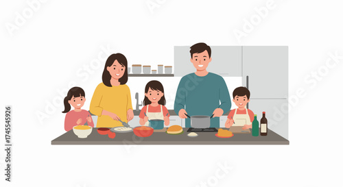 Happy Asian family with two children cooking together in a modern kitchen, enjoying a shared culinary experience and creating joyful memories.