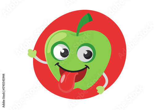 Green apple with a tongue sticking out. The apple is smiling and has a goofy expression. The red background adds a playful and fun vibe to the image.vector icon