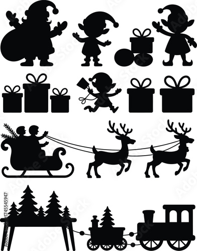 Christmas characters gifts sleigh reindeer train trees