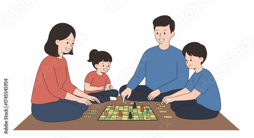 A happy family playing a board game together at home, enjoying quality time and bonding.