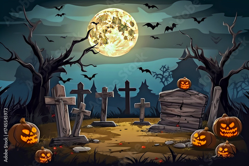 Halloween. Spooky graveyard scene features glowing pumpkins, eerie gravestones, and bats flying under full moon, creating haunting atmosphere filled with shadows and dark trees, perfect for Halloween