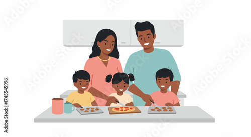 Happy Indian family with parents and three children enjoying baking together in the kitchen, preparing homemade pizza and cookies with smiles and collaboration.