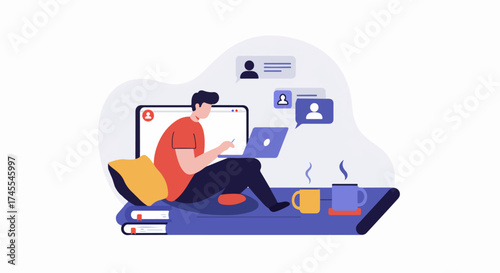Remote work illustration: Man telecommuting from home, comfortably using laptop for online meetings and digital communication with colleagues or friends, surrounded by books and coffee.