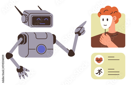 Robot pointing at human holding mask, next to health and activity data cards. Ideal for AI in healthcare, identity verification, human-machine interaction, behavioral analysis, ethics, robotics