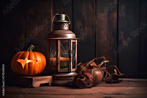 Halloween. Decorative pumpkin featuring carved star sits beside vintage lantern, creating warm ambiance. Rustic elements enhance cozy atmosphere, perfect for autumn and seasonal celebrations