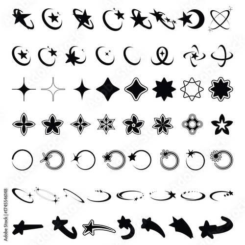 Collection of hand drawn star moon crescent circle arrow and abstract decorative symbols