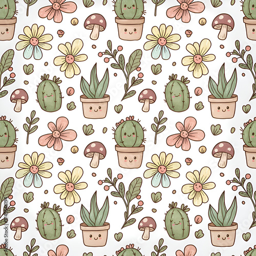 Wallpaper Mural Seamless Pattern of Cute Cacti Succulents Flowers and Mushrooms. Torontodigital.ca