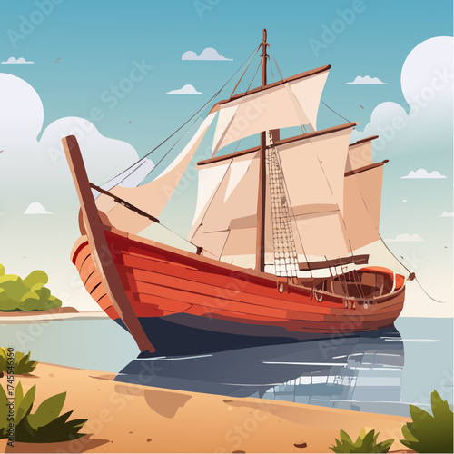 Old sailing ship on sandy beach with blue sky