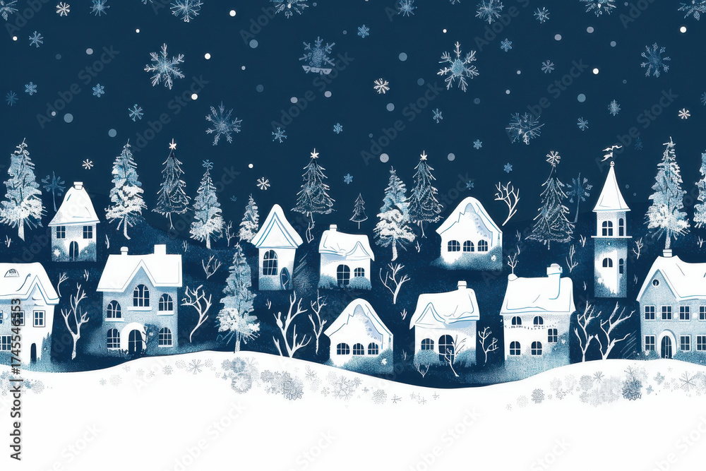 Obraz premium A charming winter village scene with white houses, trees, and snowflakes against a deep blue background, creating a festive atmosphere.