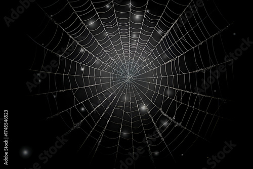Spider web. Halloween. Intricate spider web glistens with dew drops, suspended in darkness, highlighting delicate craftsmanship of nature, creating mesmerizing visual effect