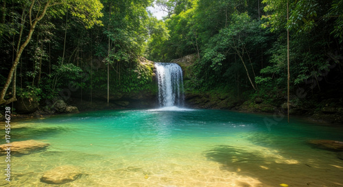 Tranquil Rainforest Waterfall and Turquoise Lagoon