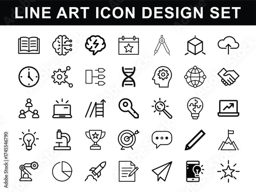 A comprehensive line art icon set representing various concepts like business education technology innovation and creativity for design projects