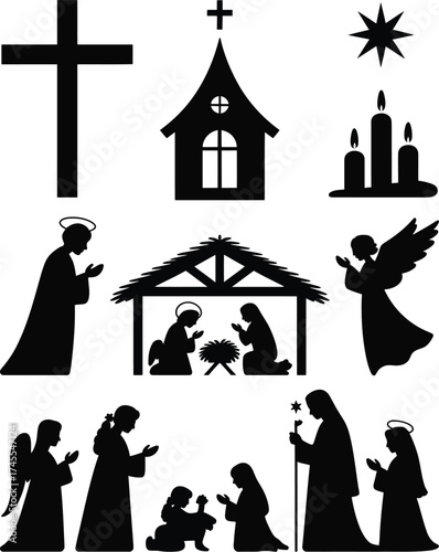 Nativity scene figures and religious symbols christianity