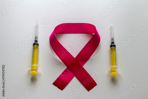 World AIDS Day emblem and two yellow syringes. On a white background.