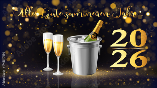 Karte oder Banner, um ein frohes neues Jahr 2026 in Gold mit einer Flasche Champagner in einem Eimer und zwei Flöten auf schwarzem Hintergrund mit Kreisen im Bokeh-Effekt zu wünschen