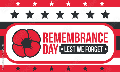 Remembrance Day. Lest we Forget. Remembrance poppy. Poppy day. Memorial day observed in Commonwealth member states to honour armed forces members who have died in the line of duty. Red poppy. Vector
