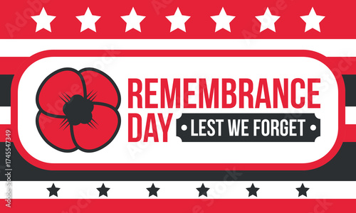 Remembrance Day. Lest we Forget. Remembrance poppy. Poppy day. Memorial day observed in Commonwealth member states to honour armed forces members who have died in the line of duty. Red poppy. Vector