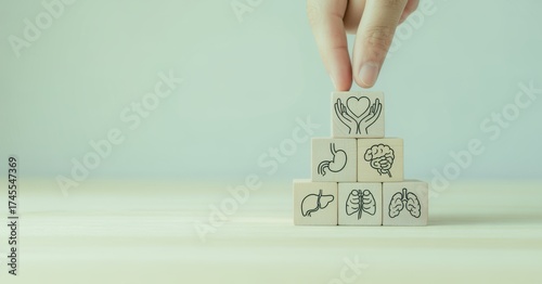 Holistic Health Pyramid: A hand places a heart-themed block atop a pyramid of body organ symbols, symbolizing the integration of wellness.