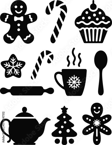 Holiday baking and drink icons gingerbread man candy cane