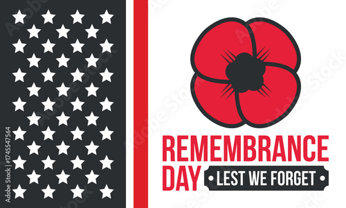 Remembrance Day. Lest we Forget. Remembrance poppy. Poppy day. Memorial day observed in Commonwealth member states to honour armed forces members who have died in the line of duty. Red poppy. Vector