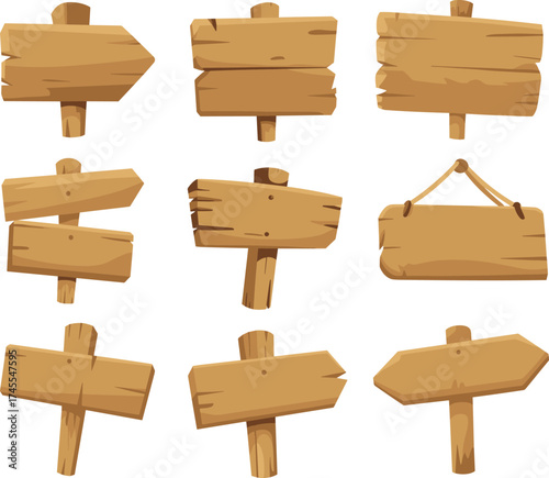 Set of nine wooden signpost illustrations, rustic direction boards, blank cartoon wood texture, adventure game UI, navigation design assets