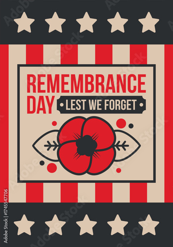 Remembrance Day. Lest we Forget. Remembrance poppy. Poppy day. Memorial day observed in Commonwealth member states to honour armed forces members who have died in the line of duty. Red poppy. Vector