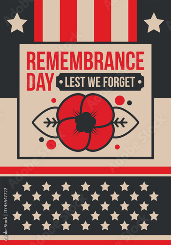 Remembrance Day. Lest we Forget. Remembrance poppy. Poppy day. Memorial day observed in Commonwealth member states to honour armed forces members who have died in the line of duty. Red poppy. Vector