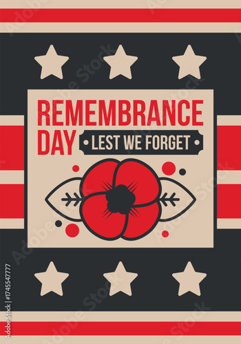 Remembrance Day. Lest we Forget. Remembrance poppy. Poppy day. Memorial day observed in Commonwealth member states to honour armed forces members who have died in the line of duty. Red poppy. Vector
