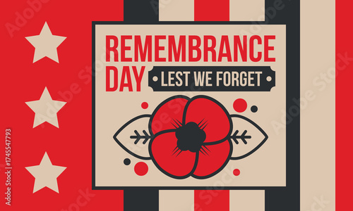 Remembrance Day. Lest we Forget. Remembrance poppy. Poppy day. Memorial day observed in Commonwealth member states to honour armed forces members who have died in the line of duty. Red poppy. Vector