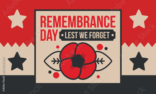 Remembrance Day. Lest we Forget. Remembrance poppy. Poppy day. Memorial day observed in Commonwealth member states to honour armed forces members who have died in the line of duty. Red poppy. Vector