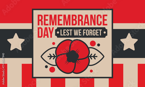 Remembrance Day. Lest we Forget. Remembrance poppy. Poppy day. Memorial day observed in Commonwealth member states to honour armed forces members who have died in the line of duty. Red poppy. Vector