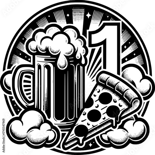 Pizza and Beer Icon: A stylized emblem showcases a refreshing beer stein brimming with foamy suds alongside a delectable slice of pizza, symbolizing a perfect pairing.