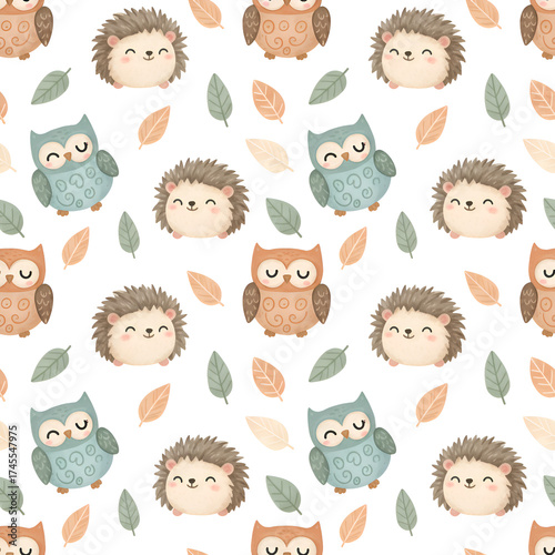 Wallpaper Mural Adorable watercolor cartoon hedgehogs and owls with autumn leaves. Torontodigital.ca