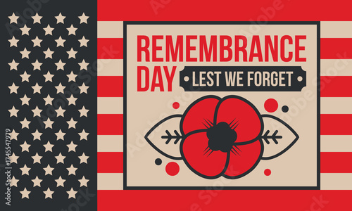 Remembrance Day. Lest we Forget. Remembrance poppy. Poppy day. Memorial day observed in Commonwealth member states to honour armed forces members who have died in the line of duty. Red poppy. Vector