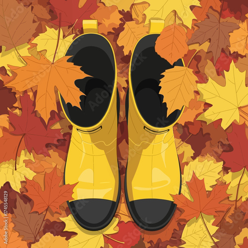 A pair of bright yellow wellington boots from a top down view.