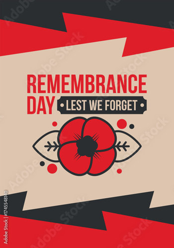 Remembrance Day. Lest we Forget. Remembrance poppy. Poppy day. Memorial day observed in Commonwealth member states to honour armed forces members who have died in the line of duty. Red poppy. Vector