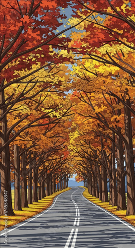 A scenic road lined with vibrant autumn trees in full fall foliage.
