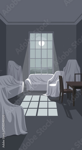 Abandoned Room with Furniture Draped in White Sheets at Night.