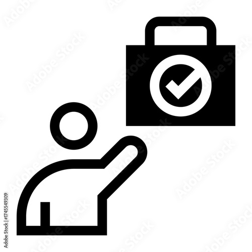 Icono de productividad. Eficiencia laboral y cumplimiento de metas con persona y maletín marcado. Ilustración vectorial