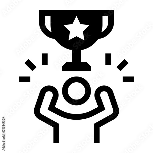 Icono de logro de objetivos. Representa el éxito alcanzado con persona y trofeo. Ganador. Ilustración vectorial