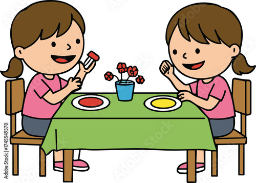 Cartoon girls dining, cheerful mealtime illustration, friendship moment, kids eating together, table scene vector, pink outfit characters, happy food sharing