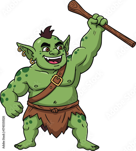 Cartoon goblin with club, green-skinned fantasy warrior sketch, muscular creature vector, victory pose illustration, mythical storytelling character concept