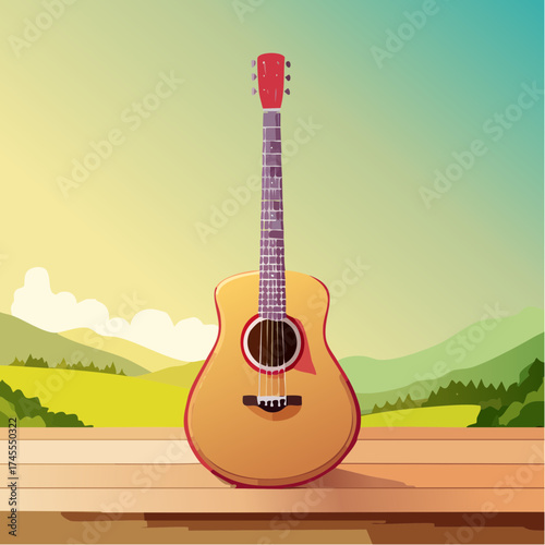 Acoustic guitar on wooden deck with scenic landscape