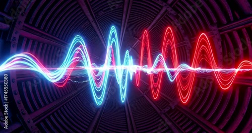Vibrant sound wave patterns in a futuristic tunnel with glowing lights