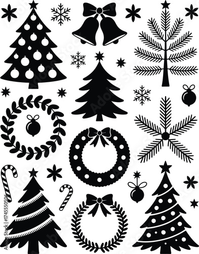 Christmas vector silhouette elements tree snowflake